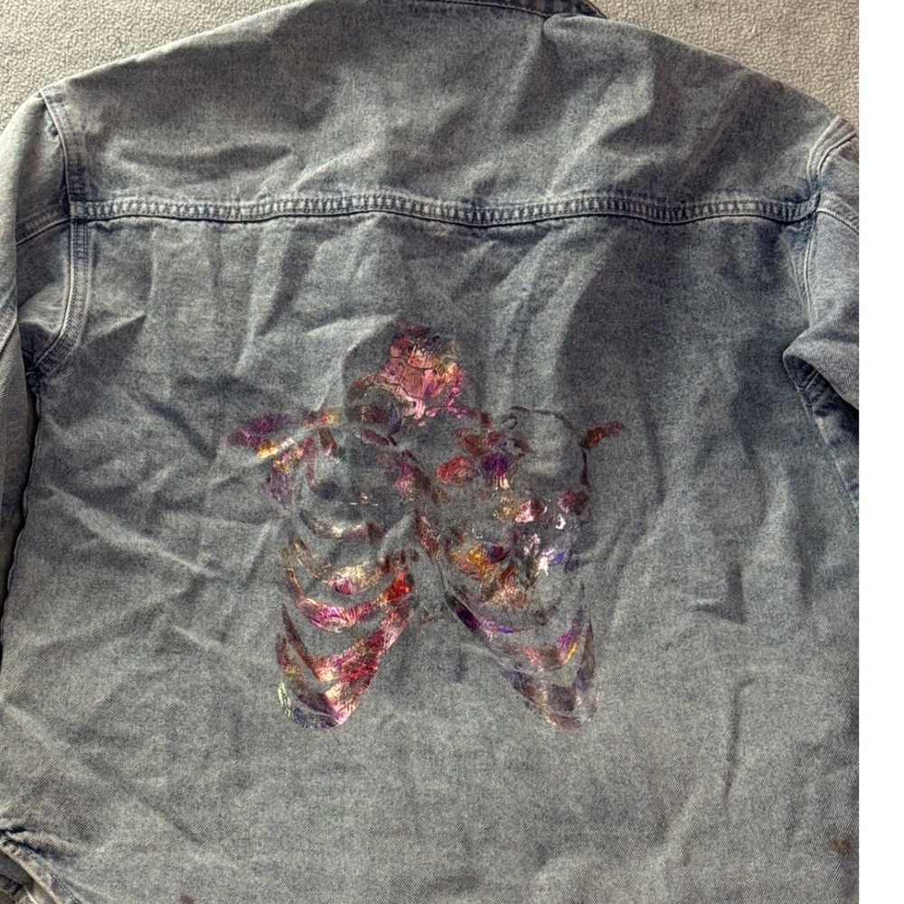 Distressed Denim Shirt Jacket Blue Holographic Skeleton Rib Cage Skull Graphic